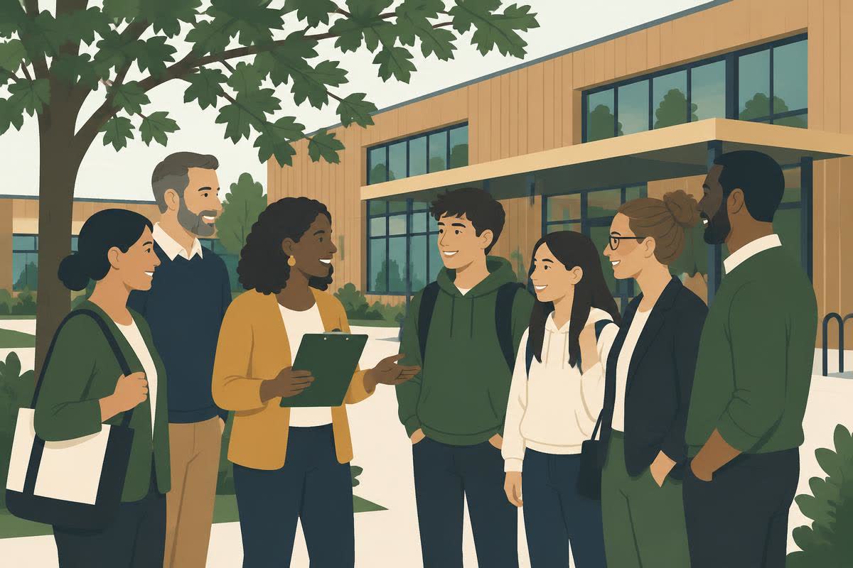 Eltern, Lehrpersonen und Jugendliche im Gespräch vor einem Schulhaus.